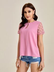 SHEIN Clasi 波卡圓點鎖眼領口網紗拼接上衣 - 粉色 - 查看 4