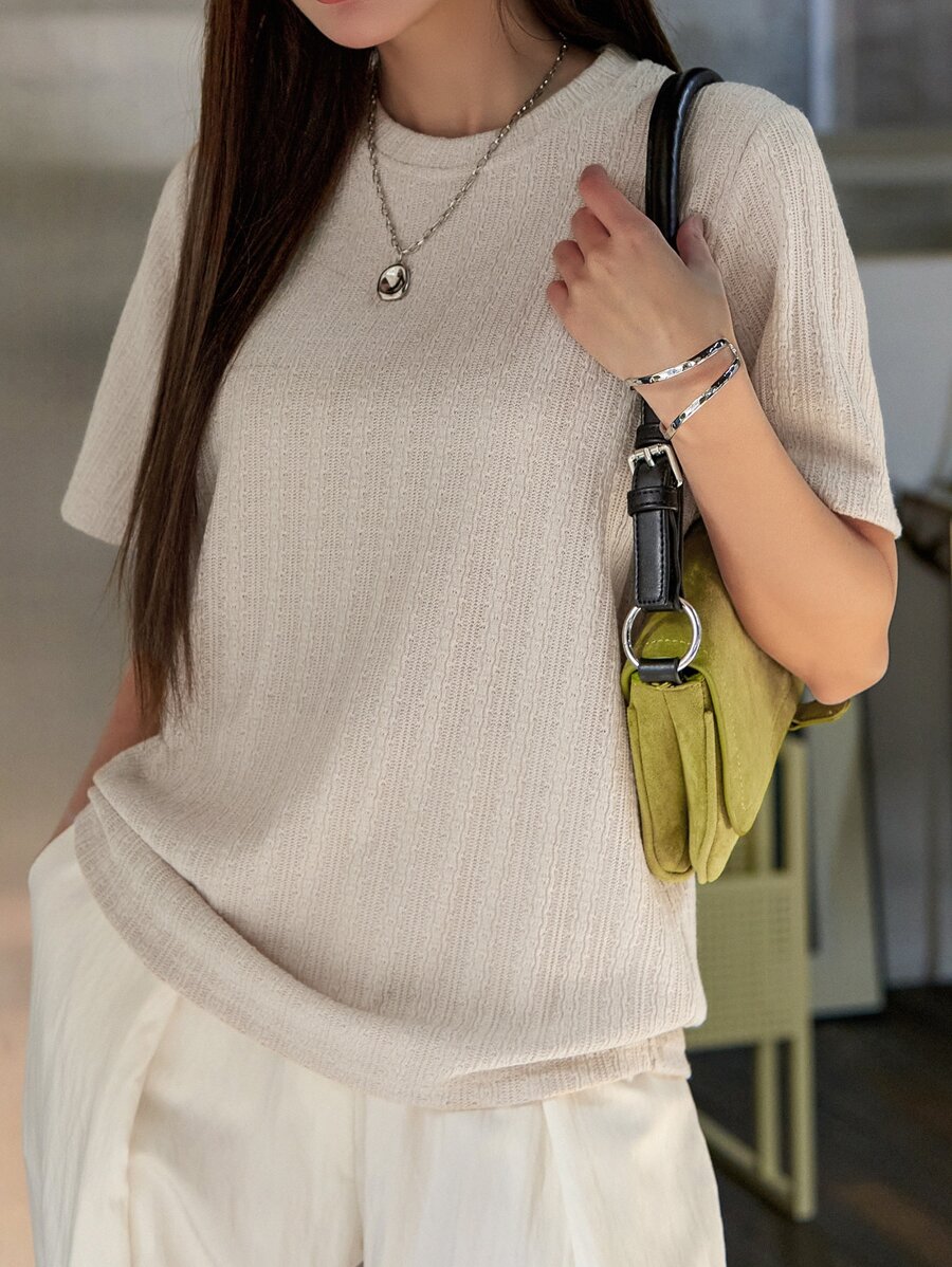 DAZY Áo thun cổ tròn trơn mùa hè - Màu be - Xem 1