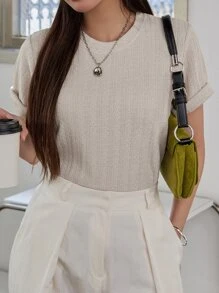 DAZY Áo thun cổ tròn trơn mùa hè - Màu be - Xem 2
