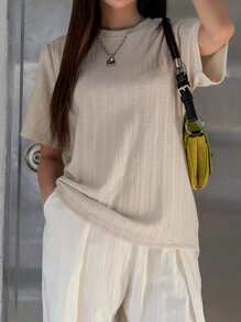 DAZY Áo thun cổ tròn trơn mùa hè - Màu be - Xem 5