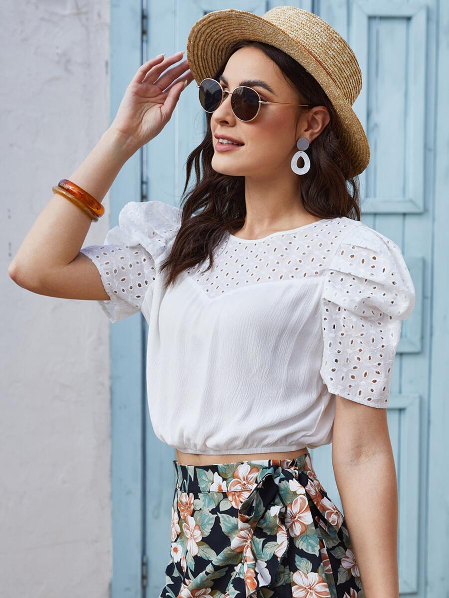 SHEIN VCAY Keyhole Back Schiffy Top - White - View 1