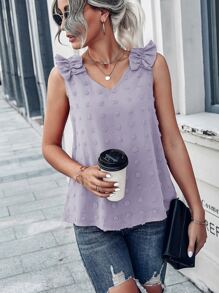 Swiss Dot Ruffle Trim Chiffon Blouse - Lilac Purple - View 6