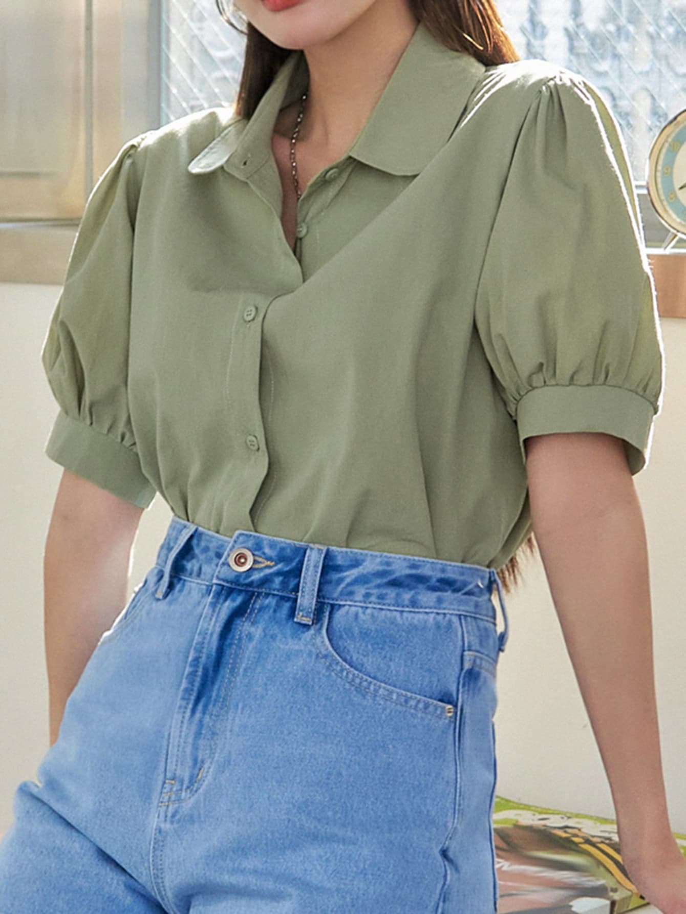 DAZY Áo sơ mi Chất rắn Ống tay áo Nút Lên - màu xanh lá - Xem 1