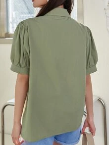 DAZY Áo sơ mi Chất rắn Ống tay áo Nút Lên - màu xanh lá - Xem 2