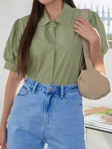 DAZY Áo sơ mi Chất rắn Ống tay áo Nút Lên - màu xanh lá - Xem 3