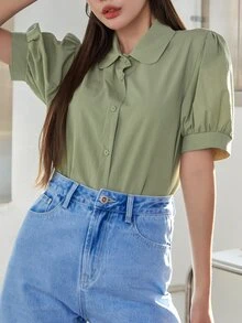 DAZY Áo sơ mi Chất rắn Ống tay áo Nút Lên - màu xanh lá - Xem 7