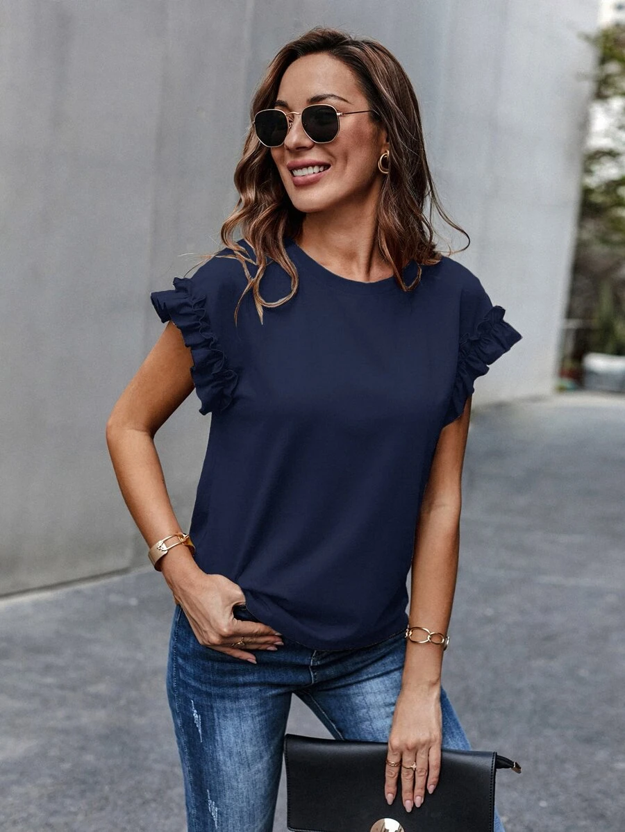 SHEIN LUNE Ruffle Cuff Solid Tee - Navy Blue - View 1