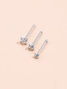 3pcs/set Cubic Zirconia Decor Nose Stud Stainless Steel Fashion Punk Perfect Piercing For Women & Men Body Jewelry Gift - Silver - View 1