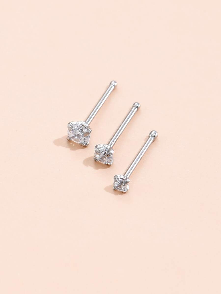 3pcs/set Cubic Zirconia Decor Nose Stud Stainless Steel Fashion Punk Perfect Piercing For Women & Men Body Jewelry Gift - Silver - View 1