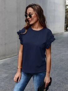 SHEIN LUNE Ruffle Cuff Solid Tee - Navy Blue - View 3