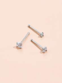 3pcs/set Cubic Zirconia Decor Nose Stud Stainless Steel Fashion Punk Perfect Piercing For Women & Men Body Jewelry Gift - Silver - View 3