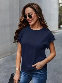 SHEIN LUNE Ruffle Cuff Solid Tee - Navy Blue - View 4