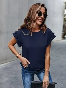 SHEIN LUNE Ruffle Cuff Solid Tee - Navy Blue - View 5
