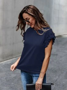SHEIN LUNE Ruffle Cuff Solid Tee - Navy Blue - View 6