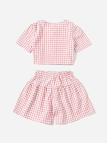 SHEIN Young Girl Toddler Girls Gingham Print Button Front Top & Shorts - Multicolor - View 2