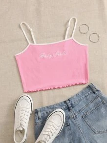 SHEIN Áo hai dây Nghề thêu Xù nhỏ Gân đan Tương phản ràng buộc Lá thư Giải trí - Hồng - Xem 1