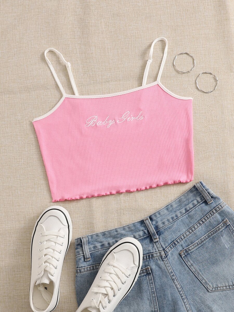 SHEIN Áo hai dây Nghề thêu Xù nhỏ Gân đan Tương phản ràng buộc Lá thư Giải trí - Hồng - Xem 1