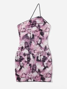 SHEIN ICON Figure Graphic One Shoulder Bodycon Dress - Multicolor - View 4