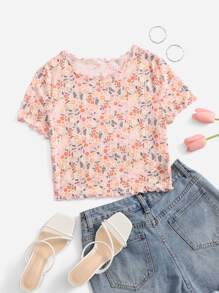 SHEIN VCAY Plus Size Boho Ditsy Floral Print Lettuce Trim Tee, For Summer - Multicolor - View 1