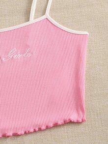 SHEIN Áo hai dây Nghề thêu Xù nhỏ Gân đan Tương phản ràng buộc Lá thư Giải trí - Hồng - Xem 4