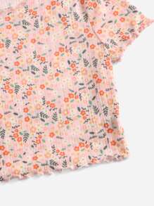 SHEIN VCAY Plus Size Boho Ditsy Floral Print Lettuce Trim Tee, For Summer - Multicolor - View 3