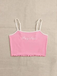 SHEIN Áo hai dây Nghề thêu Xù nhỏ Gân đan Tương phản ràng buộc Lá thư Giải trí - Hồng - Xem 5