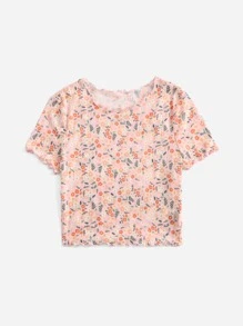 SHEIN VCAY Plus Size Boho Ditsy Floral Print Lettuce Trim Tee, For Summer - Multicolor - View 5