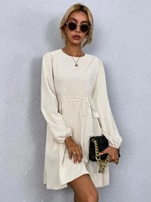 SHEIN LUNE Keyhole Back Hidden Pocket Smock Dress - Beige - View 1