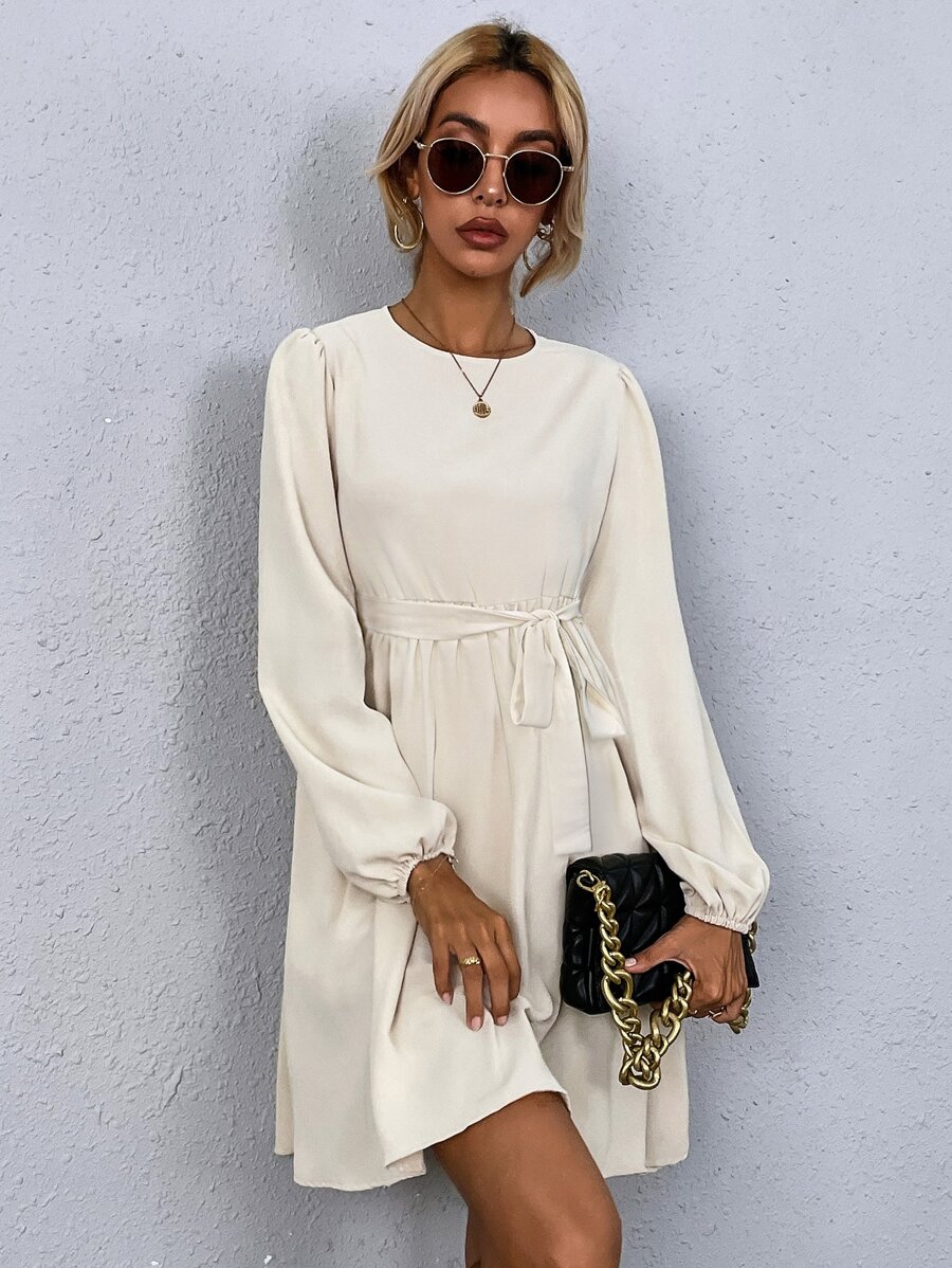 SHEIN LUNE Keyhole Back Hidden Pocket Smock Dress - Beige - View 1