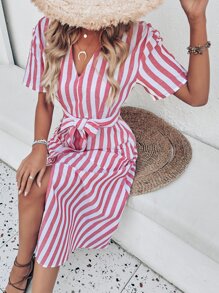 Vestido con cinturón de rayas con abertura con doble bolsillo - Rojo y blanco - Ver 1