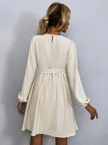 SHEIN LUNE Keyhole Back Hidden Pocket Smock Dress - Beige - View 2