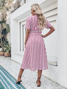 Vestido con cinturón de rayas con abertura con doble bolsillo - Rojo y blanco - Ver 2