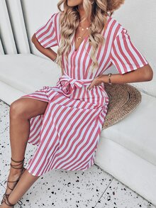 Vestido con cinturón de rayas con abertura con doble bolsillo - Rojo y blanco - Ver 3