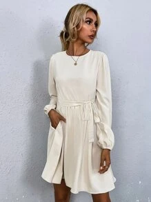 SHEIN LUNE Keyhole Back Hidden Pocket Smock Dress - Beige - View 4