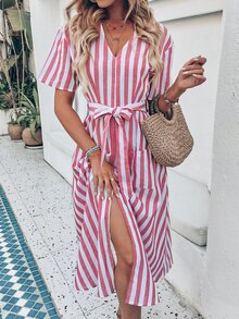 Vestido con cinturón de rayas con abertura con doble bolsillo - Rojo y blanco - Ver 5