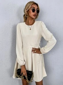 SHEIN LUNE Keyhole Back Hidden Pocket Smock Dress - Beige - View 6