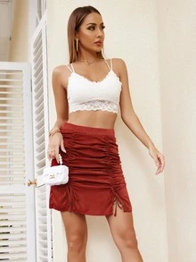 SHEIN Privé 優雅抽繩 開衩純色女士半身裙 - 亮橙色 - 查看 5