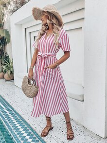 Vestido con cinturón de rayas con abertura con doble bolsillo - Rojo y blanco - Ver 6