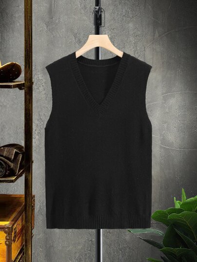 كنزة صوفية صوفية بياقة على شكل حرف V بدون أكمام للرجال، كنزة صوفية صوفية مصنوعة بالكروشيه للرجال، مناسبة للخريف والشتاء