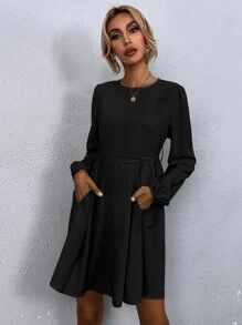 SHEIN LUNE 素色隱藏口袋燈籠袖洋裝 - 黑色 - 查看 1