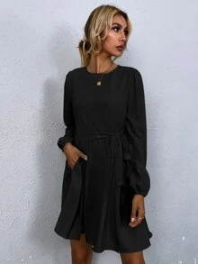 SHEIN LUNE 素色隱藏口袋燈籠袖洋裝 - 黑色 - 查看 3