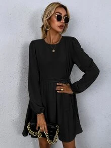 SHEIN LUNE 素色隱藏口袋燈籠袖洋裝 - 黑色 - 查看 4