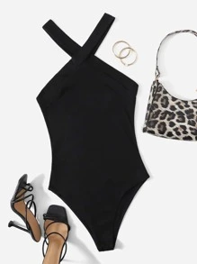 SHEIN EZwear Solid Halter Bodysuit - Black - View 2