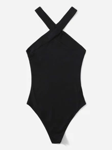 SHEIN EZwear Solid Halter Bodysuit - Black - View 3