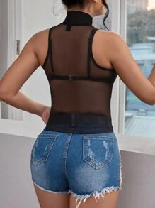 SHEIN SXY Sheer Mesh Mock Neck Solid Tank Top - Black - View 2