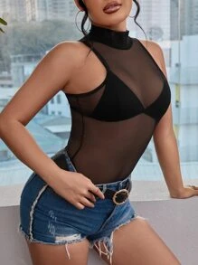 SHEIN SXY Sheer Mesh Mock Neck Solid Tank Top - Black - View 4