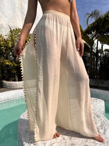 Swim Vcay Summer Beach Pom-Pom Decor Split Thigh Cover Up Pants - Apricot - View 3