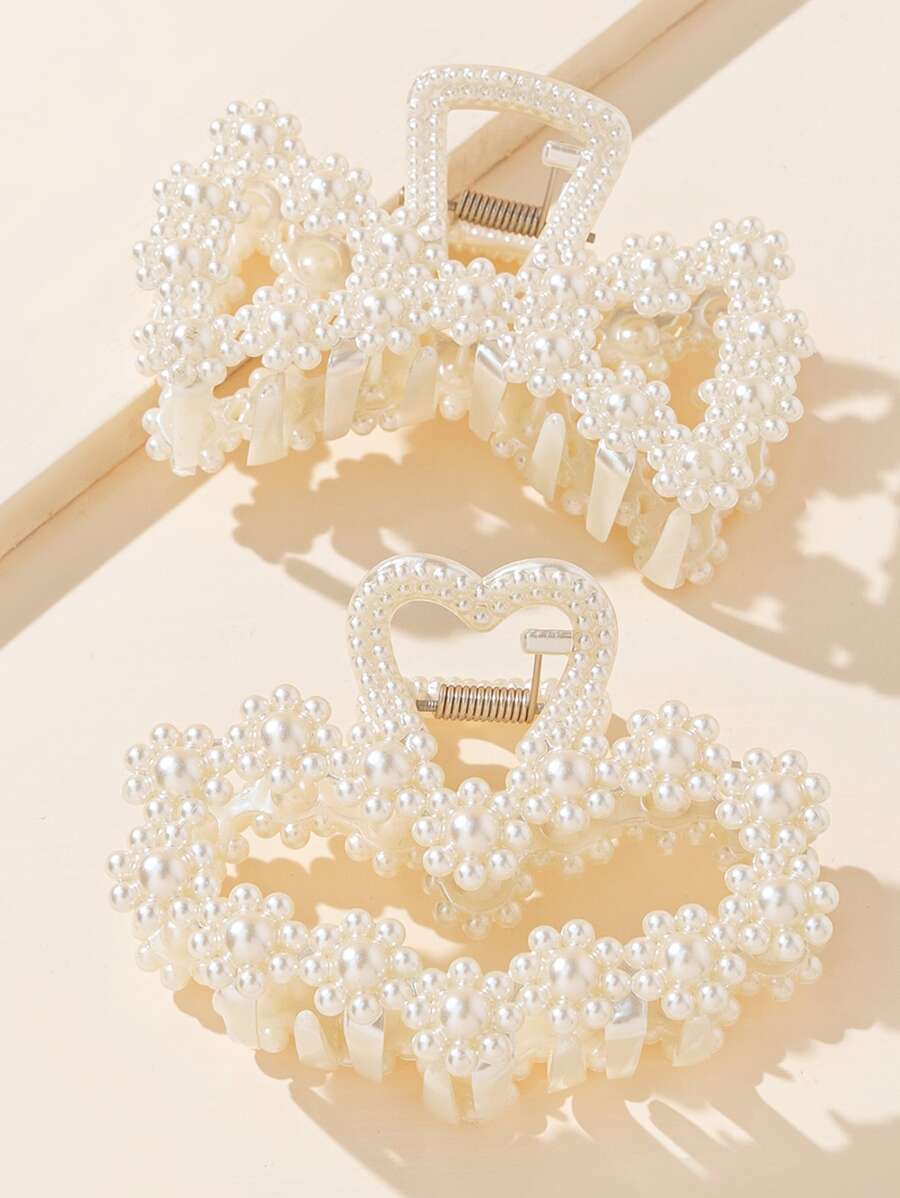 2入組人造珍珠裝飾髮夾,優雅設計 - 白色 - 查看 1