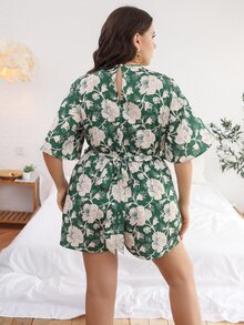 Jumpsuits Plus Size Thắt lưng Trọn gói Hoa Tất cả trên in Boho - màu xanh lá - Xem 2