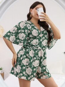 Jumpsuits Plus Size Thắt lưng Trọn gói Hoa Tất cả trên in Boho - màu xanh lá - Xem 3